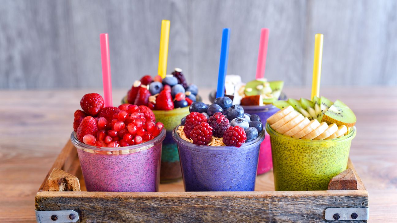 Chia and fruit smoothie healthy and sugarfree food header crop