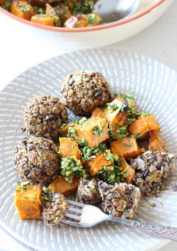 2. Black Bean “Meatballs” With Coriander Sweet Potato Salad